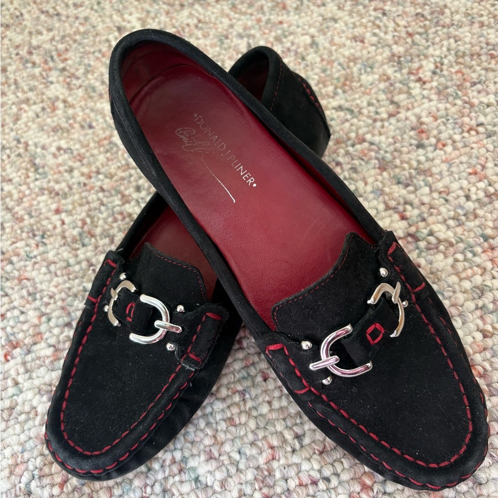Donald J. Pliner Black Suede Loafers with Red Accent Stitching